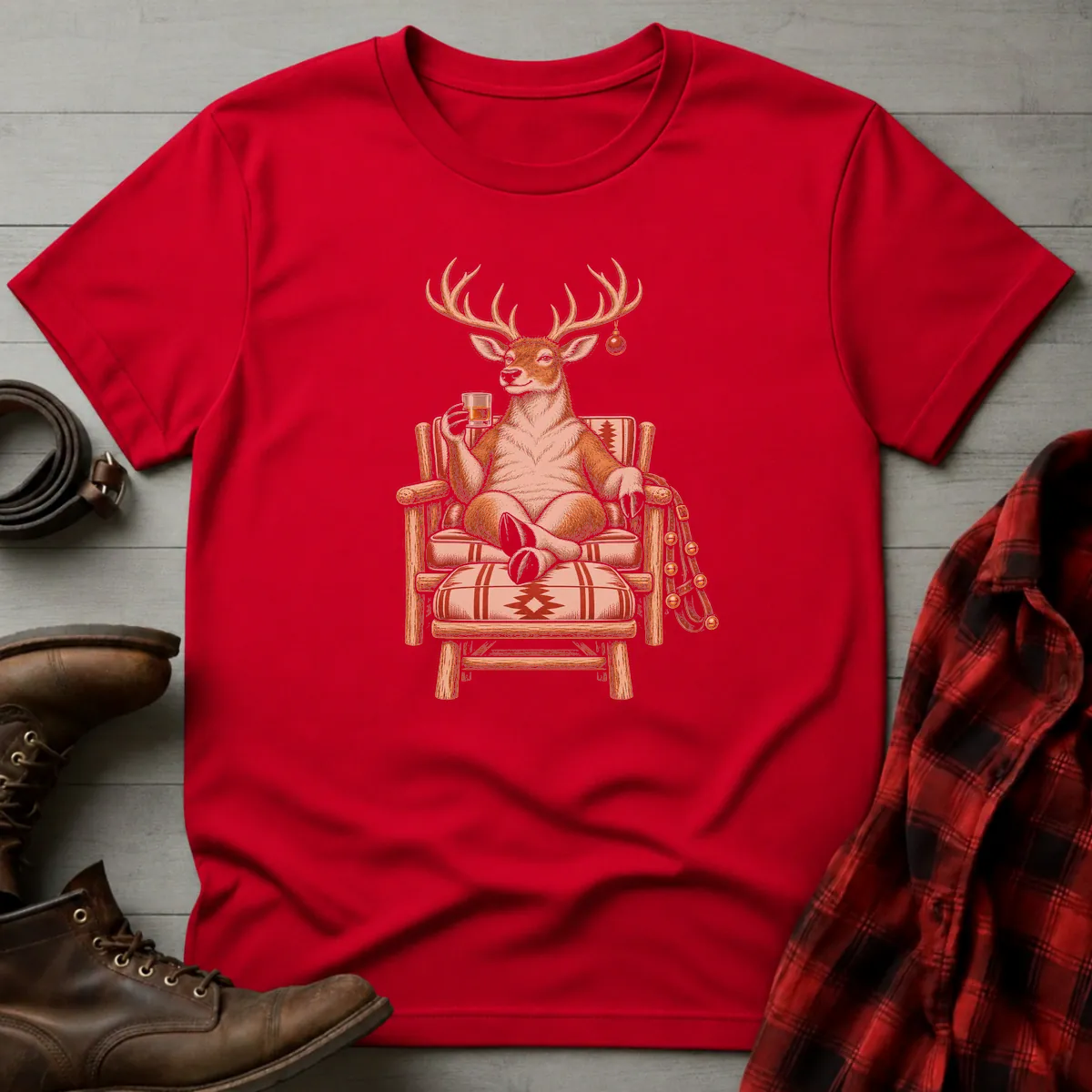 Relaxing Reindeer Whiskey Toast T-Shirt T-Shirt Red / S