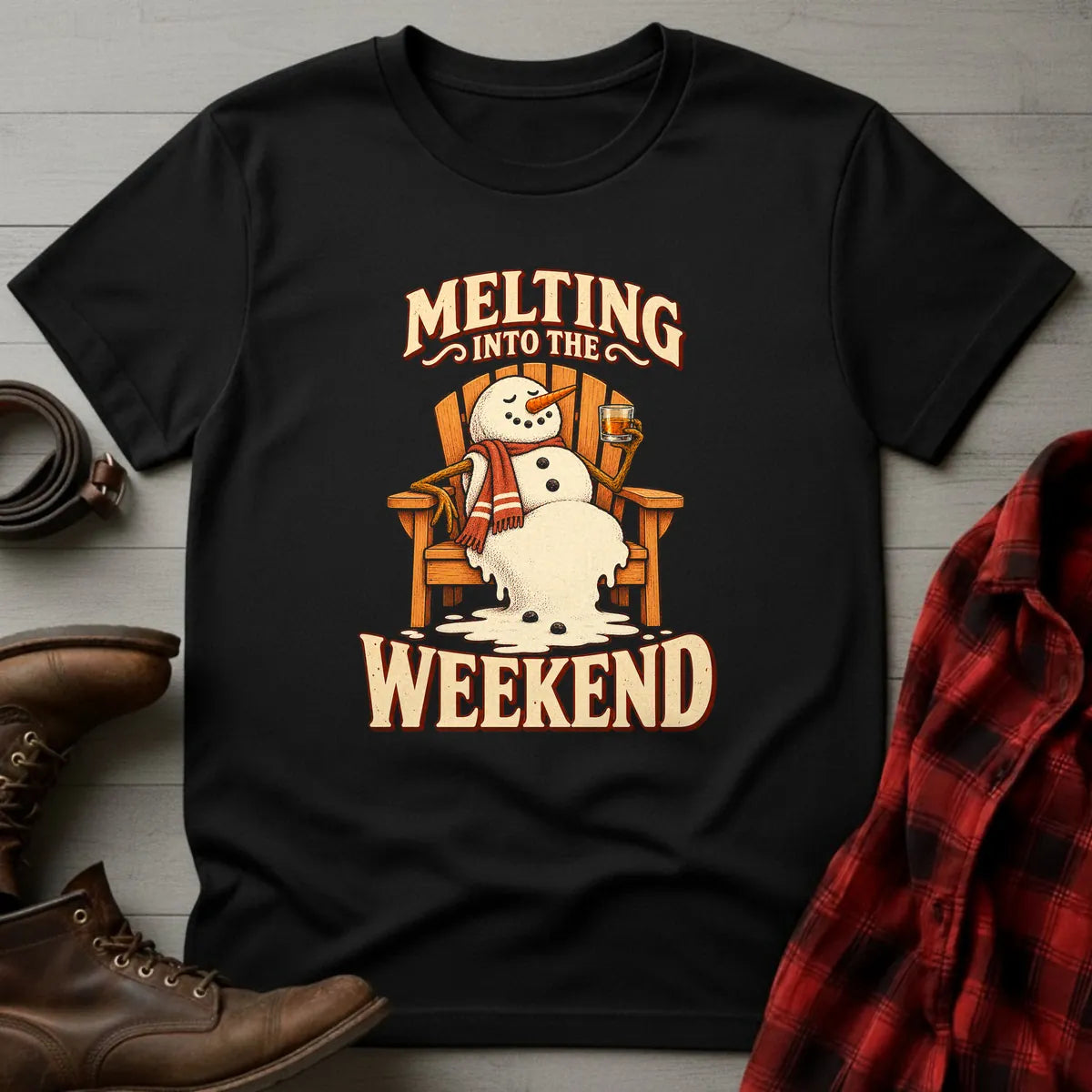 Melting Into the Weekend Snowman Whiskey T-Shirt Black / S