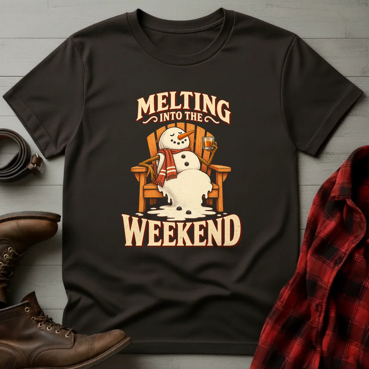 Melting Into the Weekend Snowman Whiskey T-Shirt Dark Chocolate / S