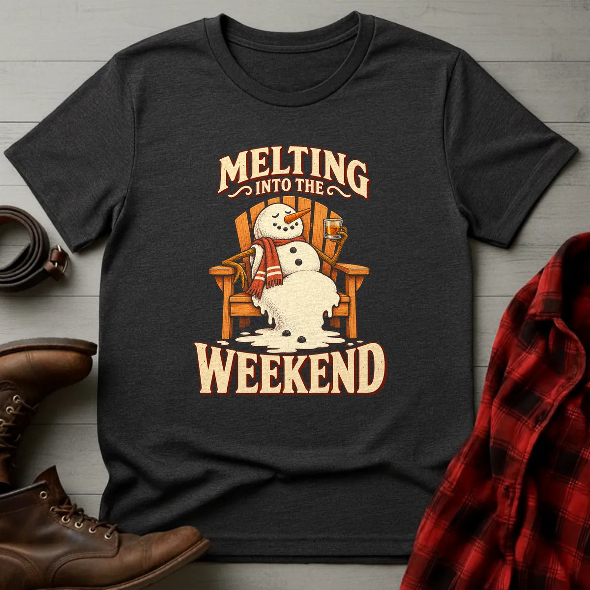 Melting Into the Weekend Snowman Whiskey T-Shirt Dark Heather / S