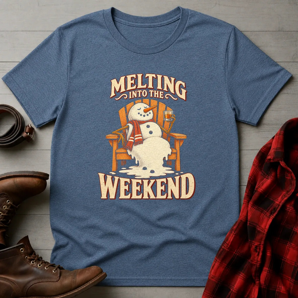 Melting Into the Weekend Snowman Whiskey T-Shirt Heather Indigo / S