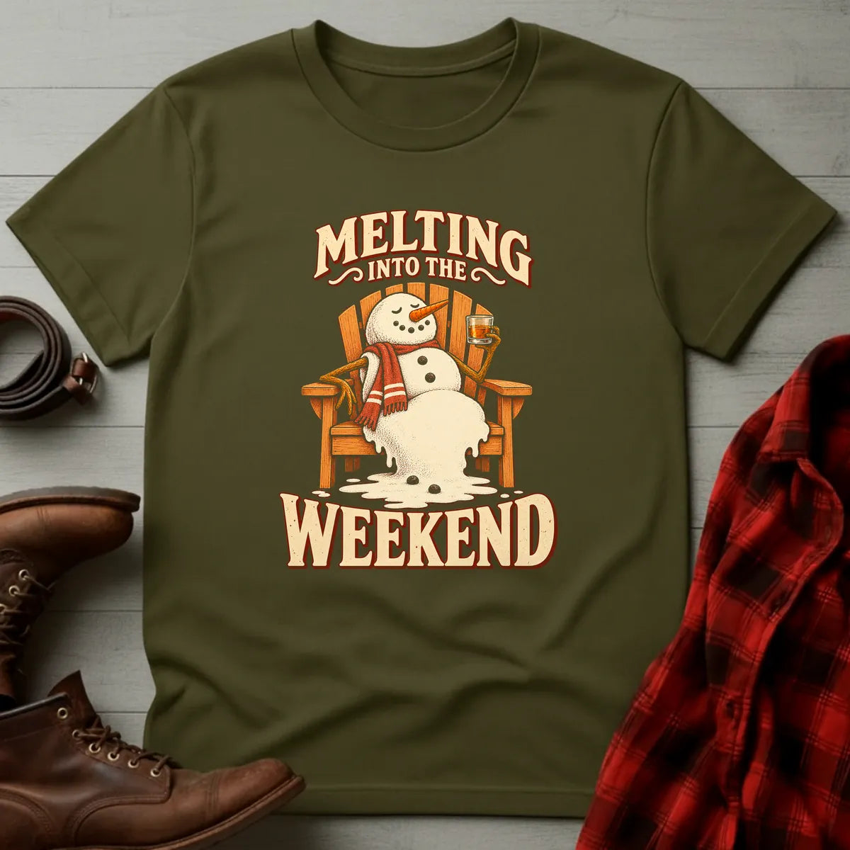 Melting Into the Weekend Snowman Whiskey T-Shirt Military Green / S