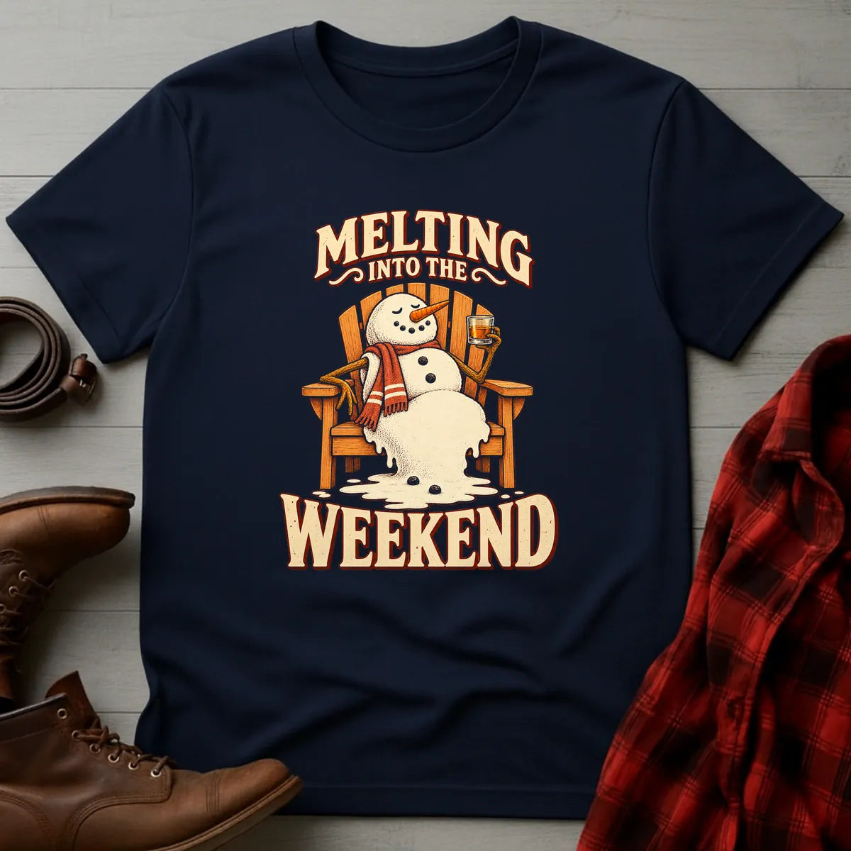 Melting Into the Weekend Snowman Whiskey T-Shirt Navy / S