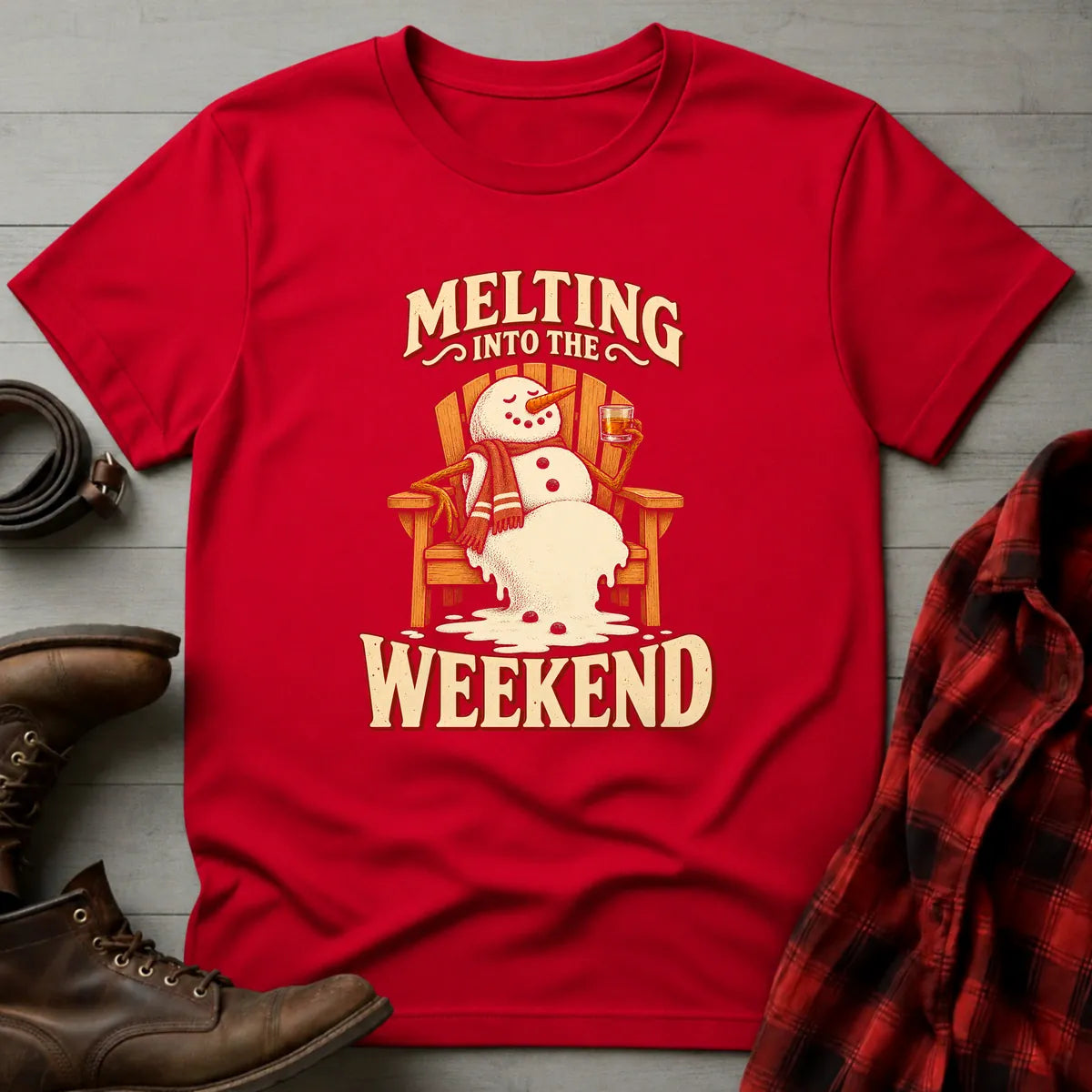 Melting Into the Weekend Snowman Whiskey T-Shirt Red / S