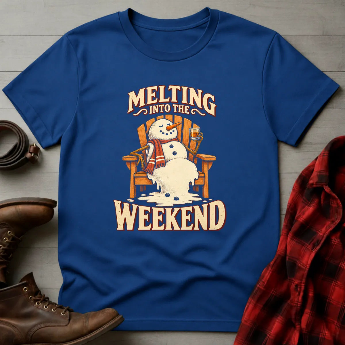 Melting Into the Weekend Snowman Whiskey T-Shirt Royal / S