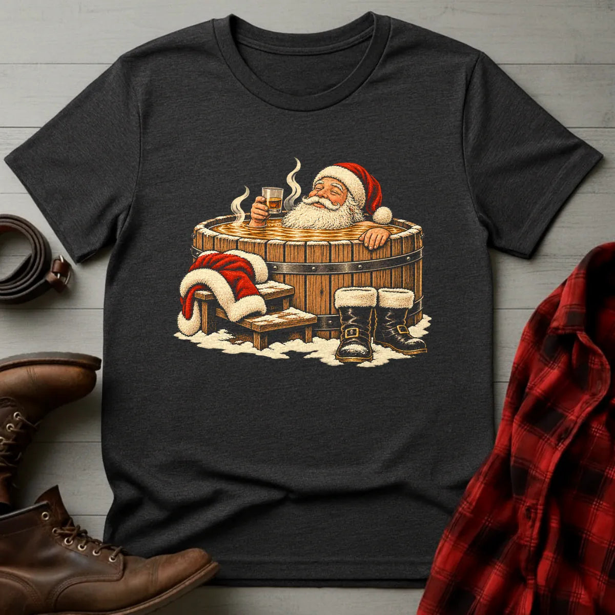 Santa Bourbon Barrel Hot Tub T-Shirt Dark Chocolate / S
