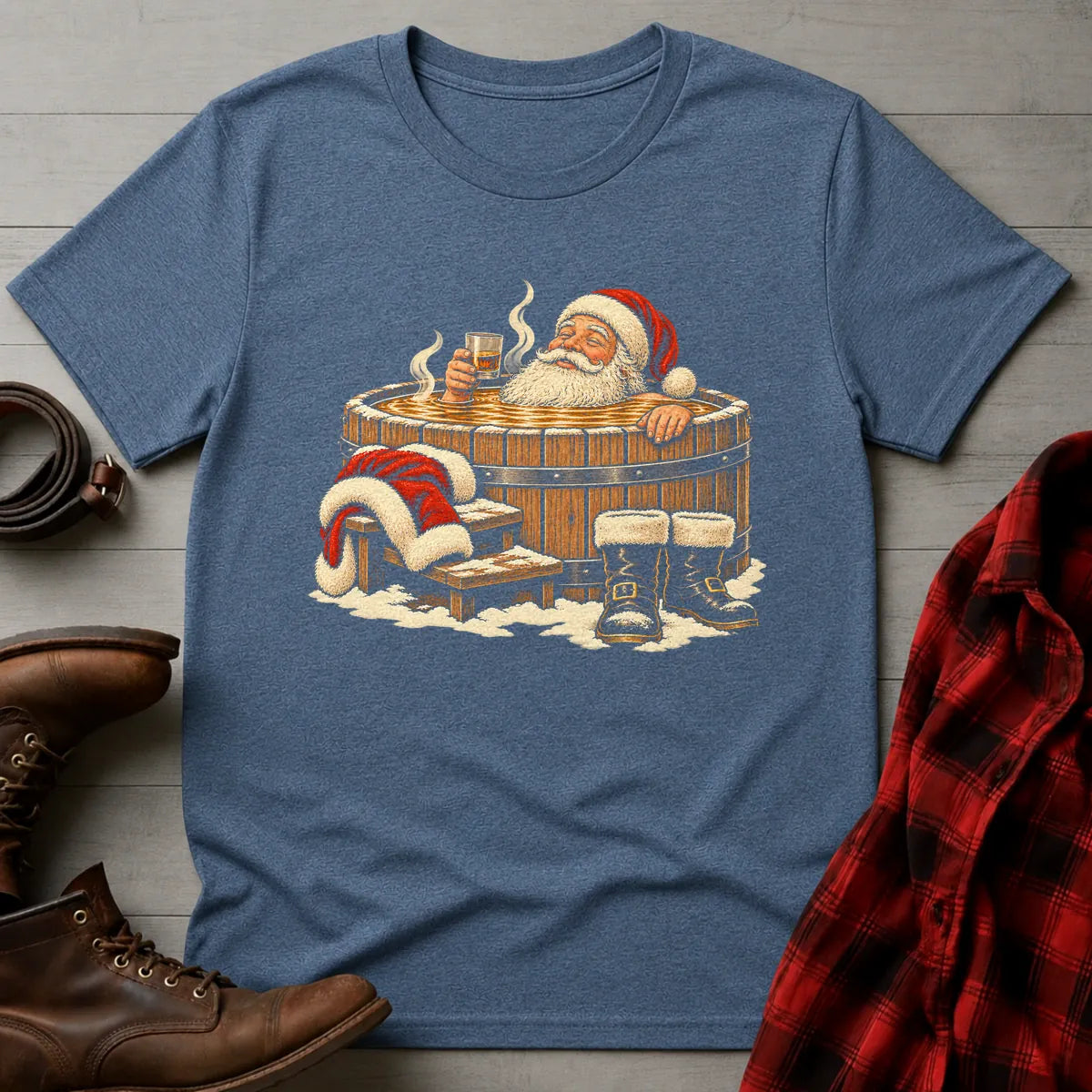 Santa Bourbon Barrel Hot Tub T-Shirt Heather Indigo / S
