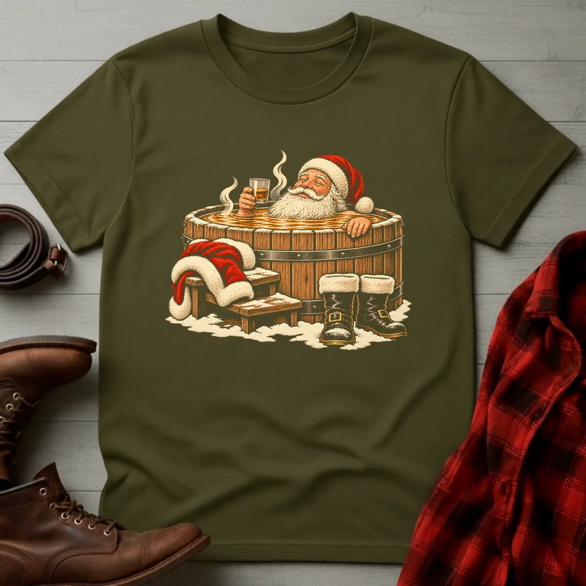Santa Bourbon Barrel Hot Tub T-Shirt Military Green / S