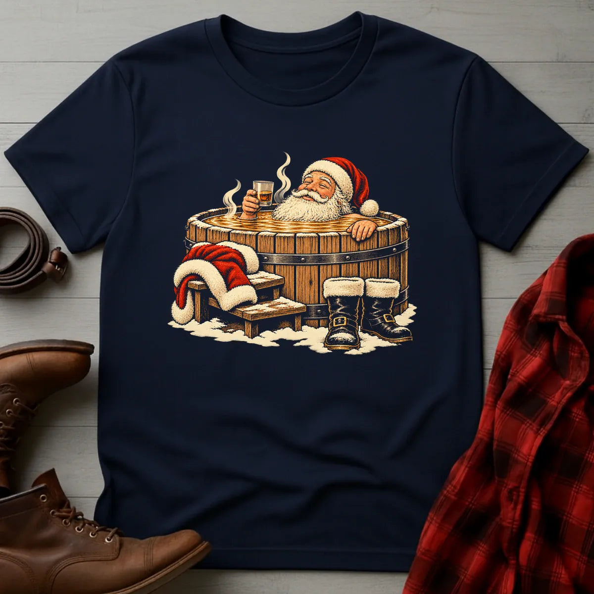 Santa Bourbon Barrel Hot Tub T-Shirt Navy / S