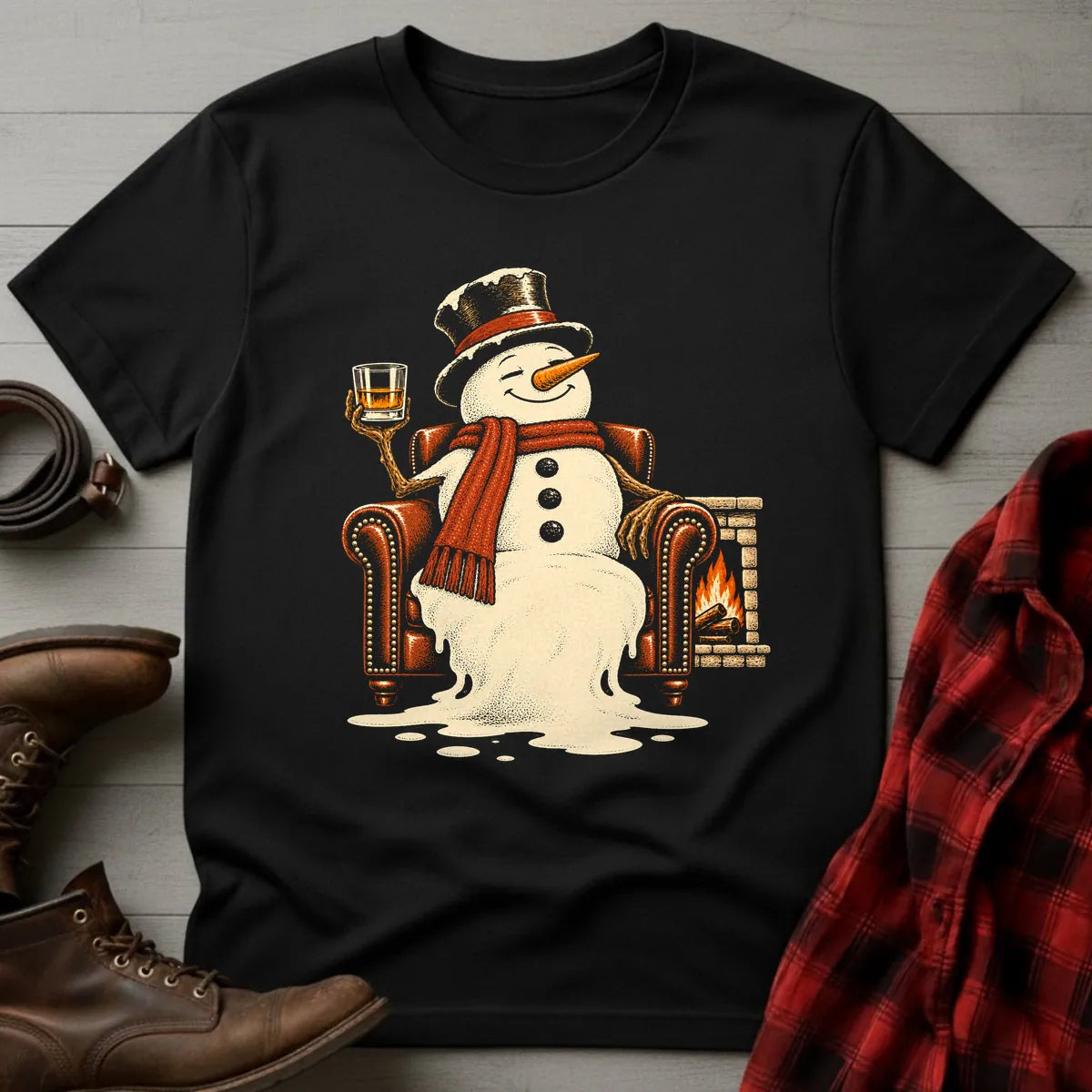 Melting Snowman Fireside Whiskey T-Shirt Black / S