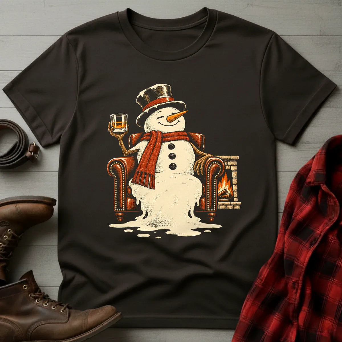 Melting Snowman Fireside Whiskey T-Shirt Dark Chocolate / S
