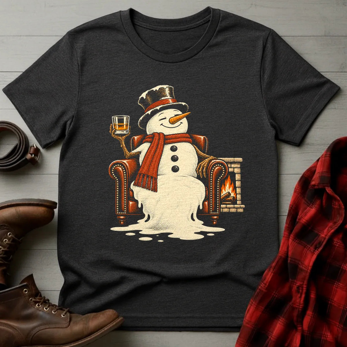 Melting Snowman Fireside Whiskey T-Shirt Dark Heather / S