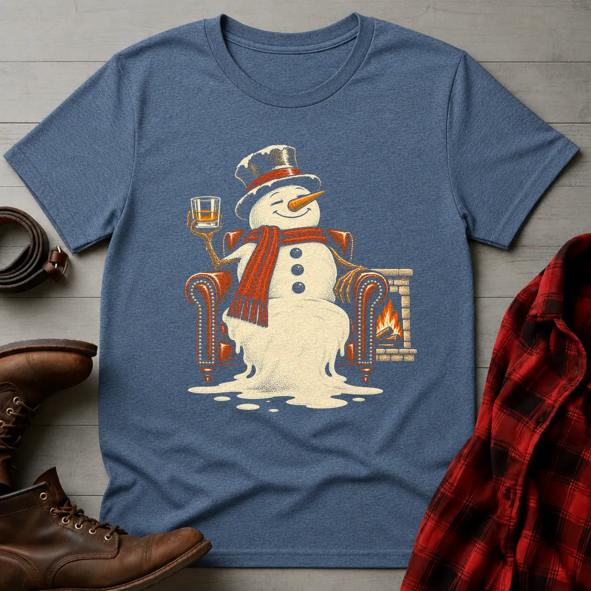 Melting Snowman Fireside Whiskey T-Shirt Heather Indigo / S
