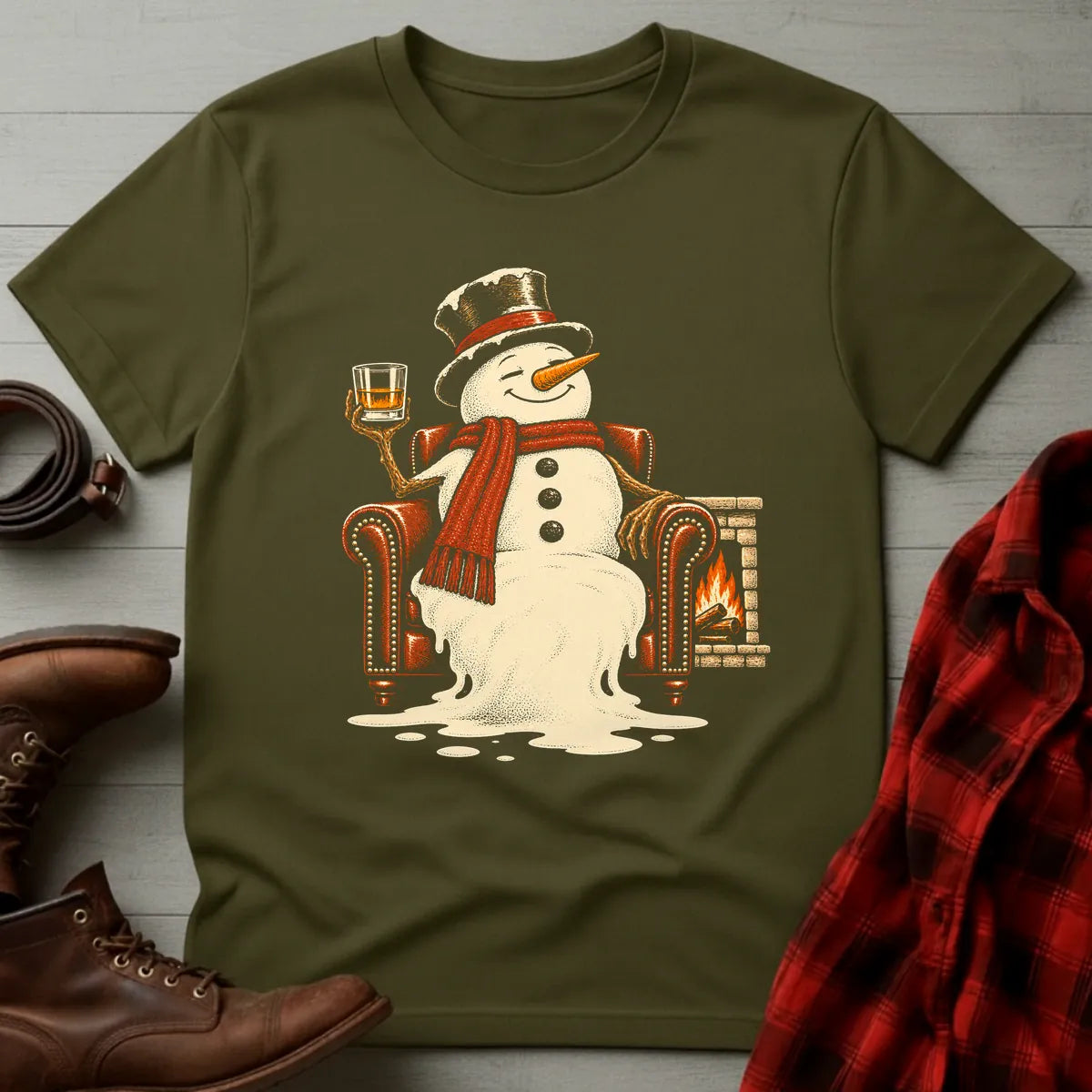 Melting Snowman Fireside Whiskey T-Shirt Military Green / S