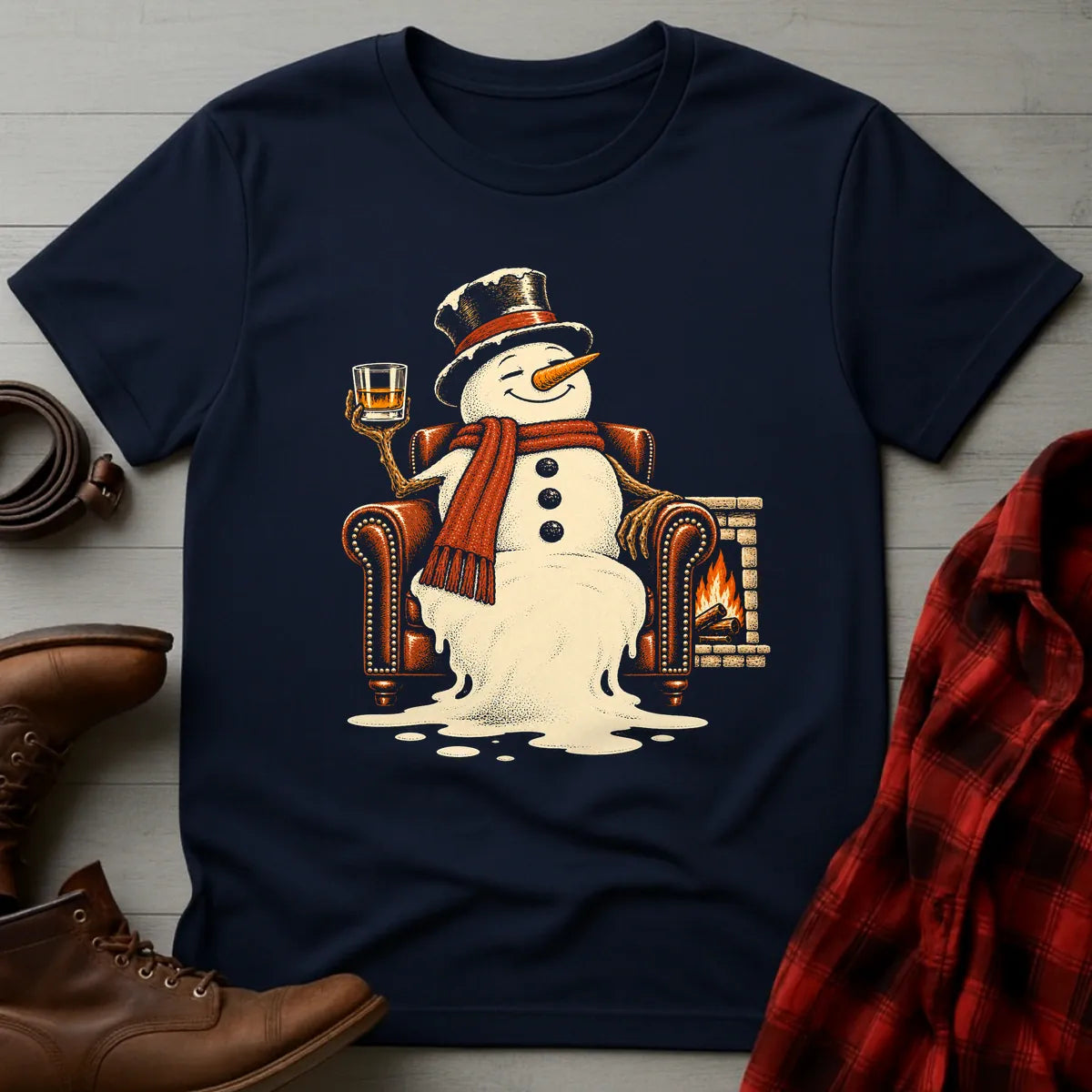Melting Snowman Fireside Whiskey T-Shirt Navy / S
