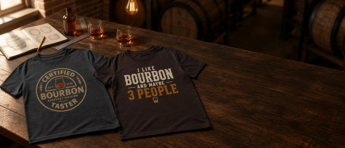 Two Cask & Cotton whiskey tees laid on a worktable in a bourbon rickhouse, with design sketches and two pours of bourbon